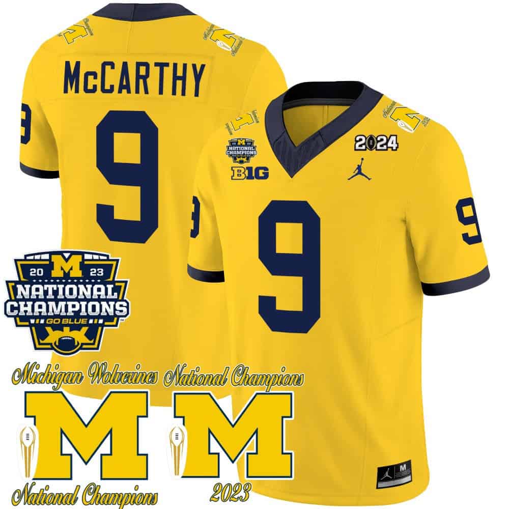 Michigan Wolverines CFP 2023 National Champions Patch Vapor Football  Jersey – All Stitched Maize #9 J J Mccarthy