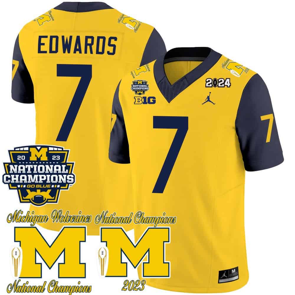 Michigan Wolverines CFP 2023 National Champions Patch Vapor Football  Jersey – All Stitched Navy Sleeves #7 Donovan Edwards
