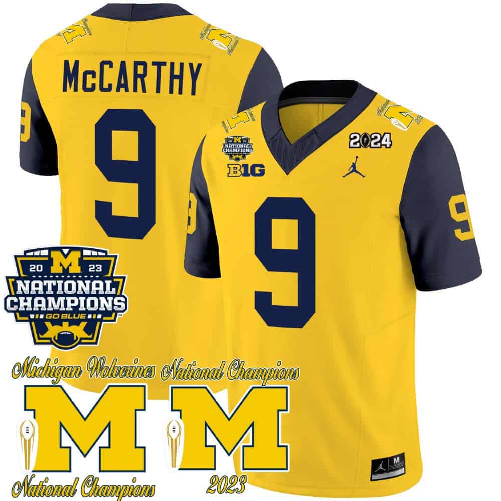 Michigan Wolverines CFP 2023 National Champions Patch Vapor Football  Jersey – All Stitched Navy Sleeves #9 J J Mccarthy