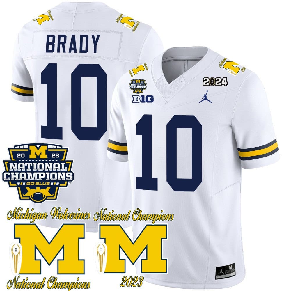 Michigan Wolverines CFP 2023 National Champions Patch Vapor Football Jersey – All Stitched White #10 Tom Brady