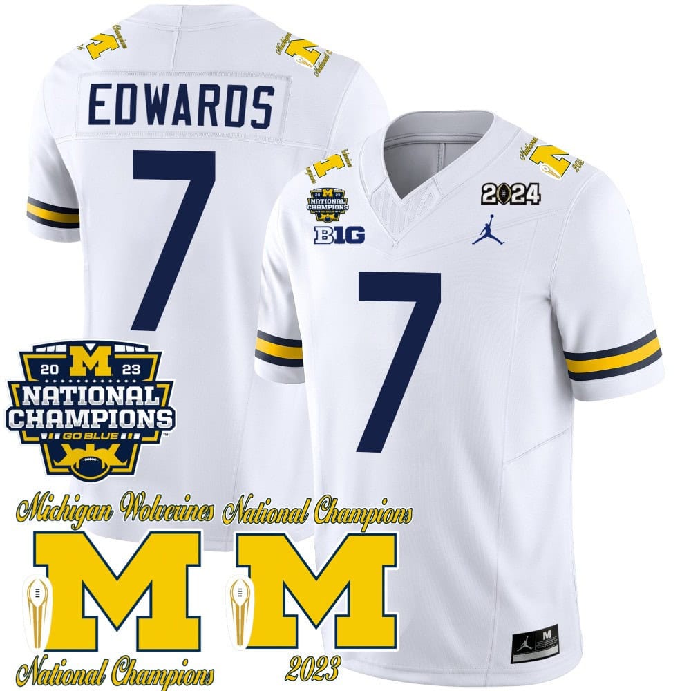 Michigan Wolverines CFP 2023 National Champions Patch Vapor Football Jersey – All Stitched White #7 Donovan Edwards