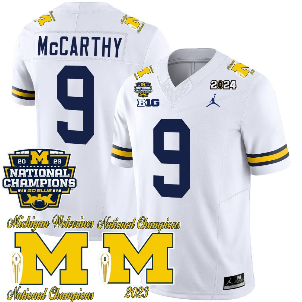 Michigan Wolverines CFP 2023 National Champions Patch Vapor Football Jersey – All Stitched White #9 J J Mccarthy