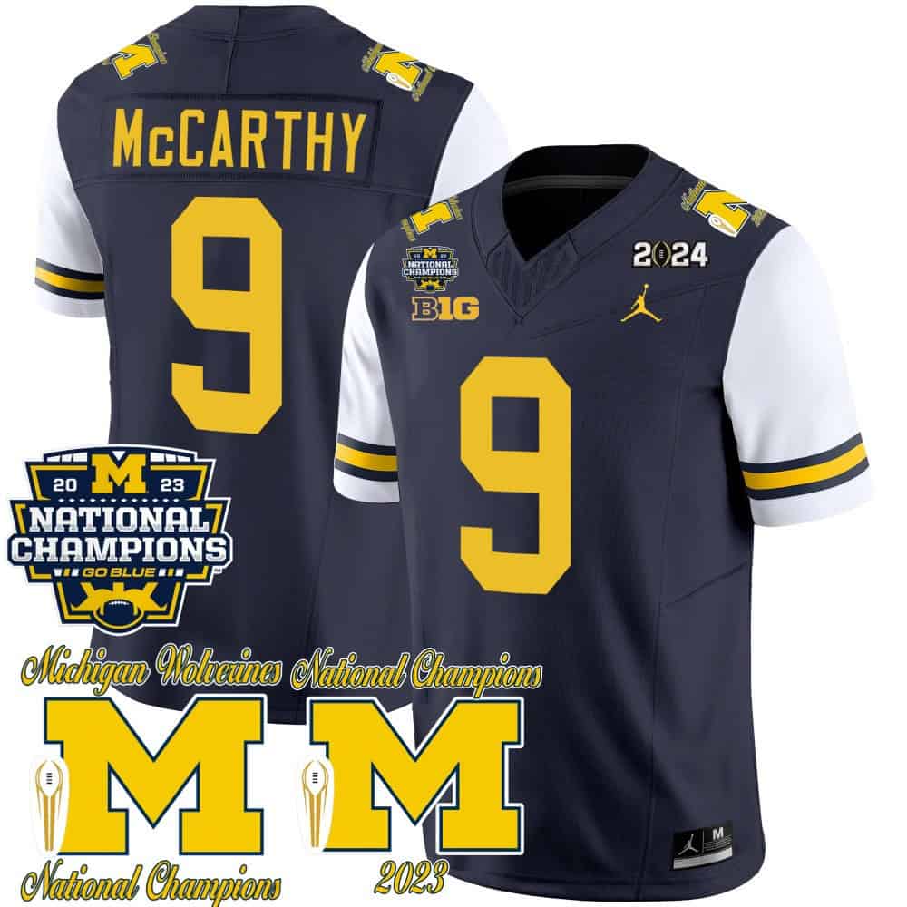Michigan Wolverines CFP 2023 National Champions Patch Vapor Football Jersey – All Stitched White Sleeves  #9 J J Mccarthy