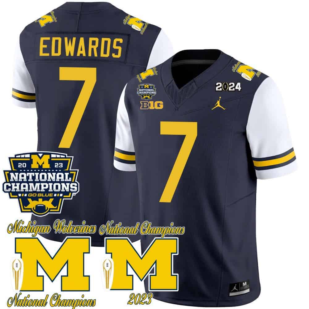 Michigan Wolverines CFP 2023 National Champions Patch Vapor Football Jersey – All Stitched White Sleeves#7 Donovan Edwards