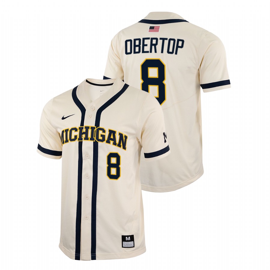 Michigan Wolverines Jimmy Obertop Men White College Baseball Full-Button Jersey 