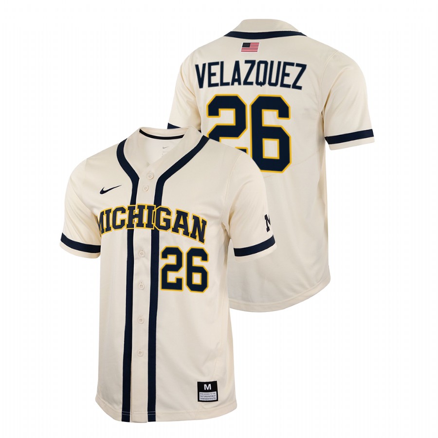 Michigan Wolverines Joey Velazquez Men White College Baseball Full-Button Jersey 
