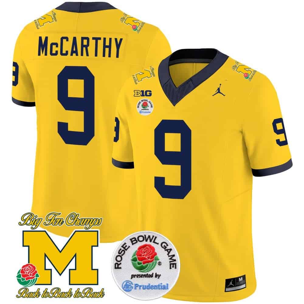 Michigan Wolverines Rose Bowl Patch Vapor Limited Football Jersey – All Stitched Maize #9 J J Mccarthy
