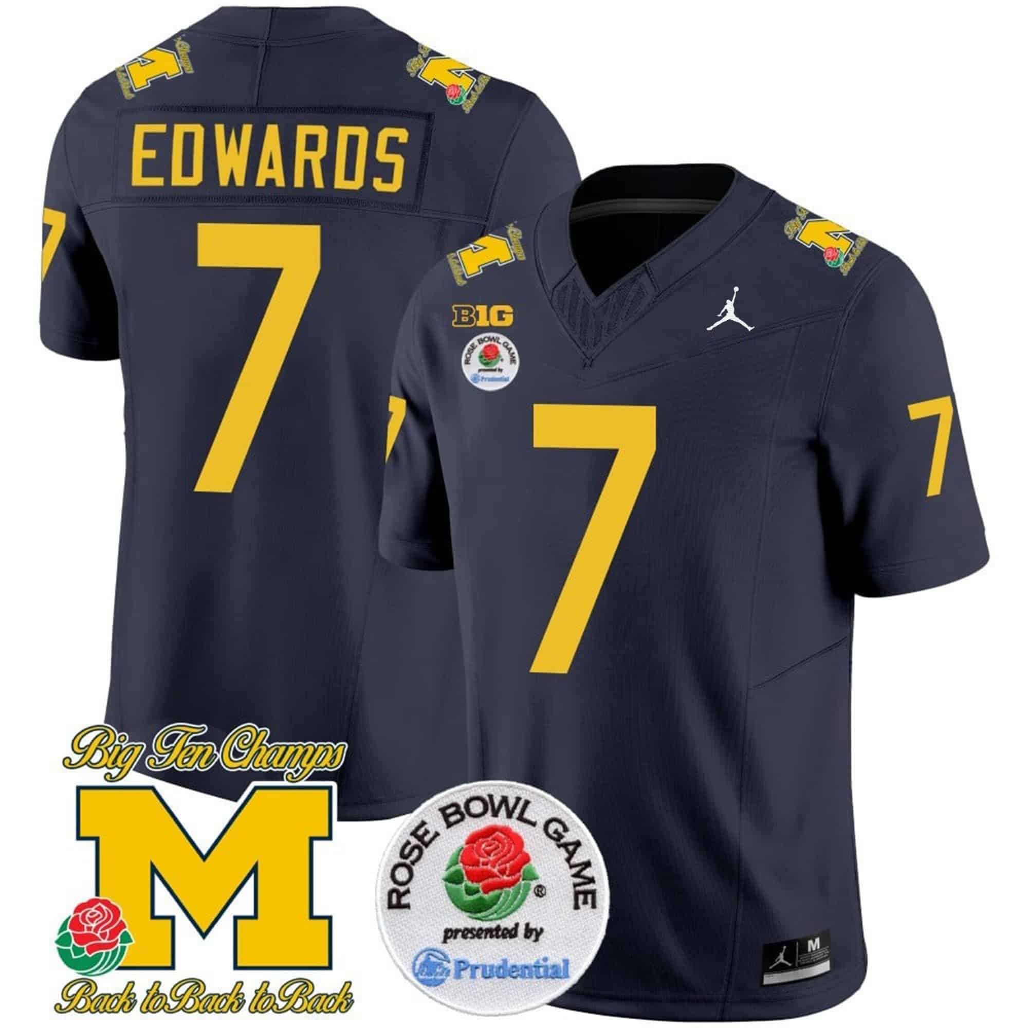 Michigan Wolverines Rose Bowl Patch Vapor Limited Football Jersey – All Stitched Navy #7 Donovan Edwards