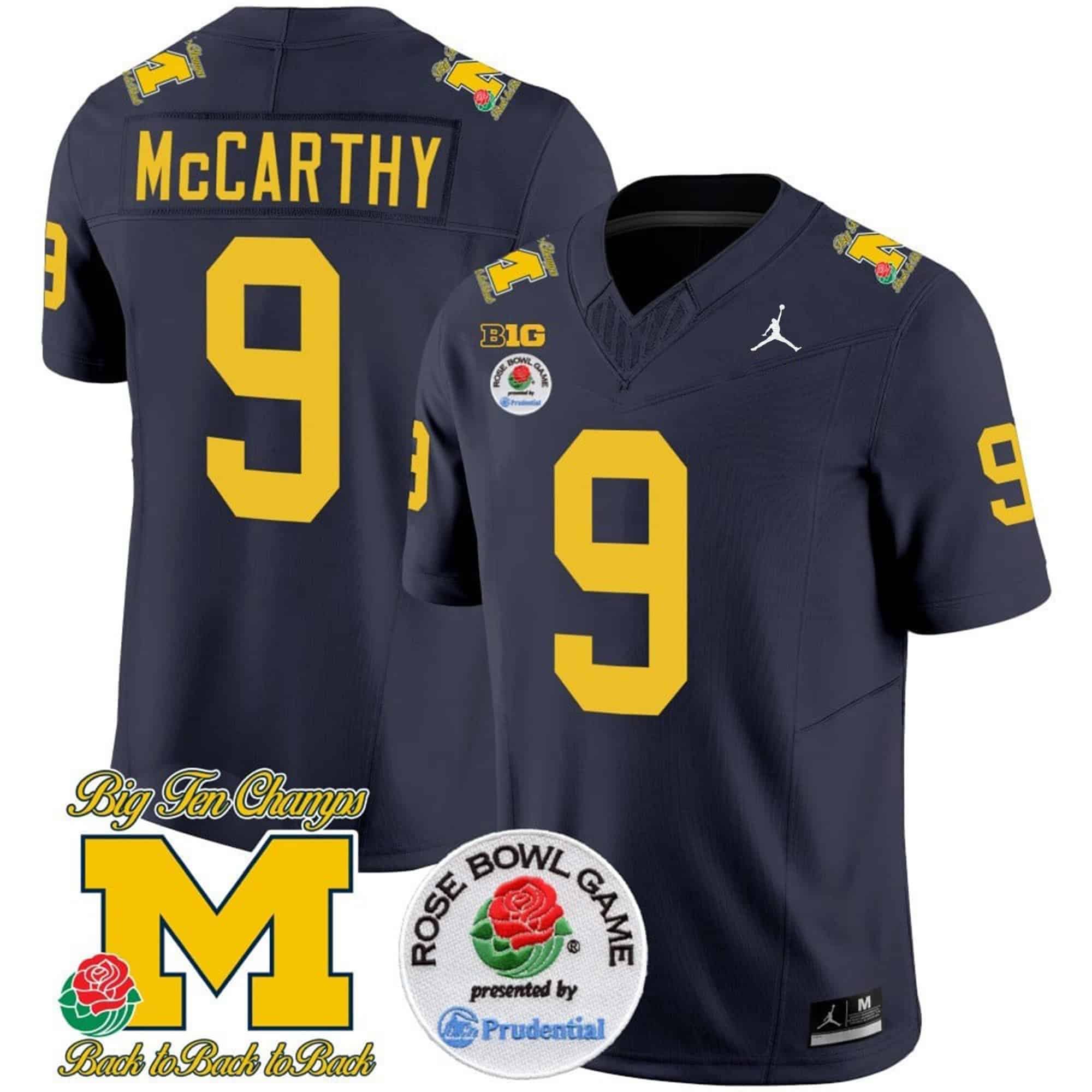 Michigan Wolverines Rose Bowl Patch Vapor Limited Football Jersey – All Stitched Navy #9 J J Mccarthy