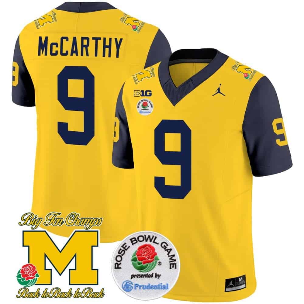 Michigan Wolverines Rose Bowl Patch Vapor Limited Football Jersey – All Stitched Navy Sleeves #9 J J Mccarthy