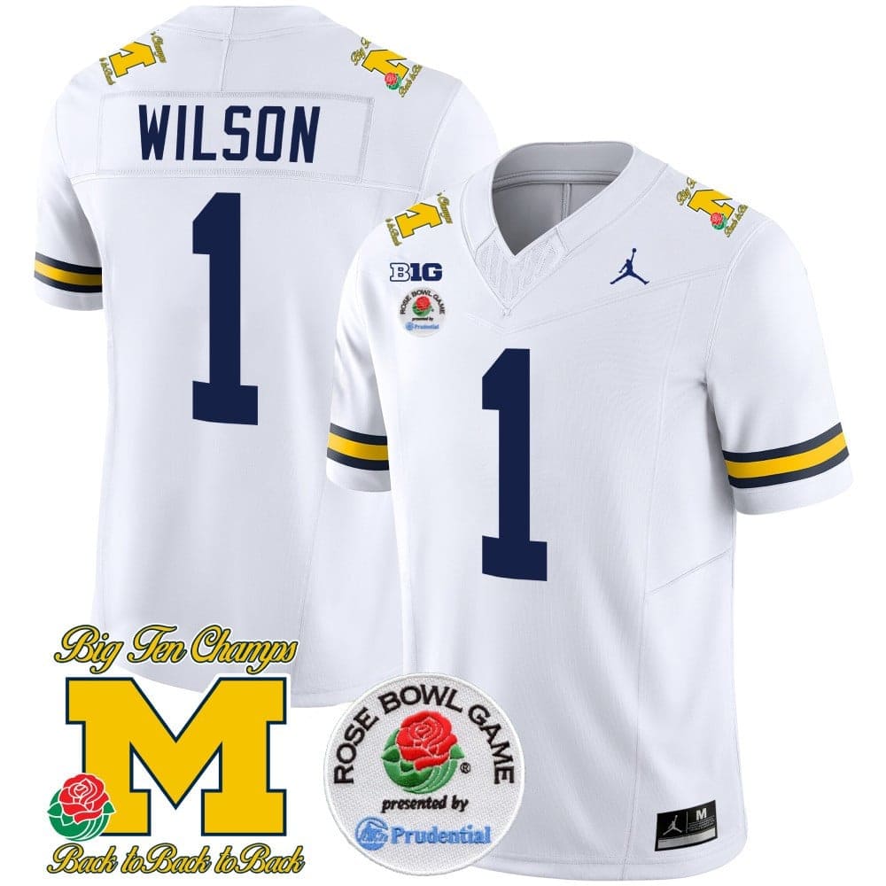 Michigan Wolverines Rose Bowl Patch Vapor Limited Football Jersey – All Stitched White #1 Roman Wilson