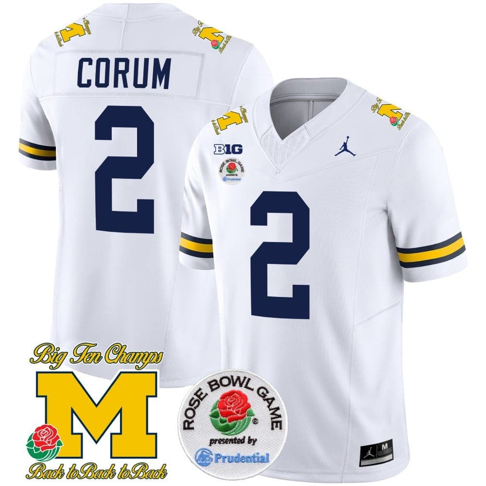 Michigan Wolverines Rose Bowl Patch Vapor Limited Football Jersey – All Stitched White #2 Blake Corum