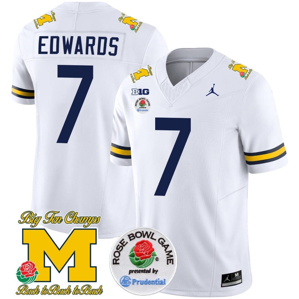 Michigan Wolverines Rose Bowl Patch Vapor Limited Football Jersey – All Stitched White #7 Donovan Edwards