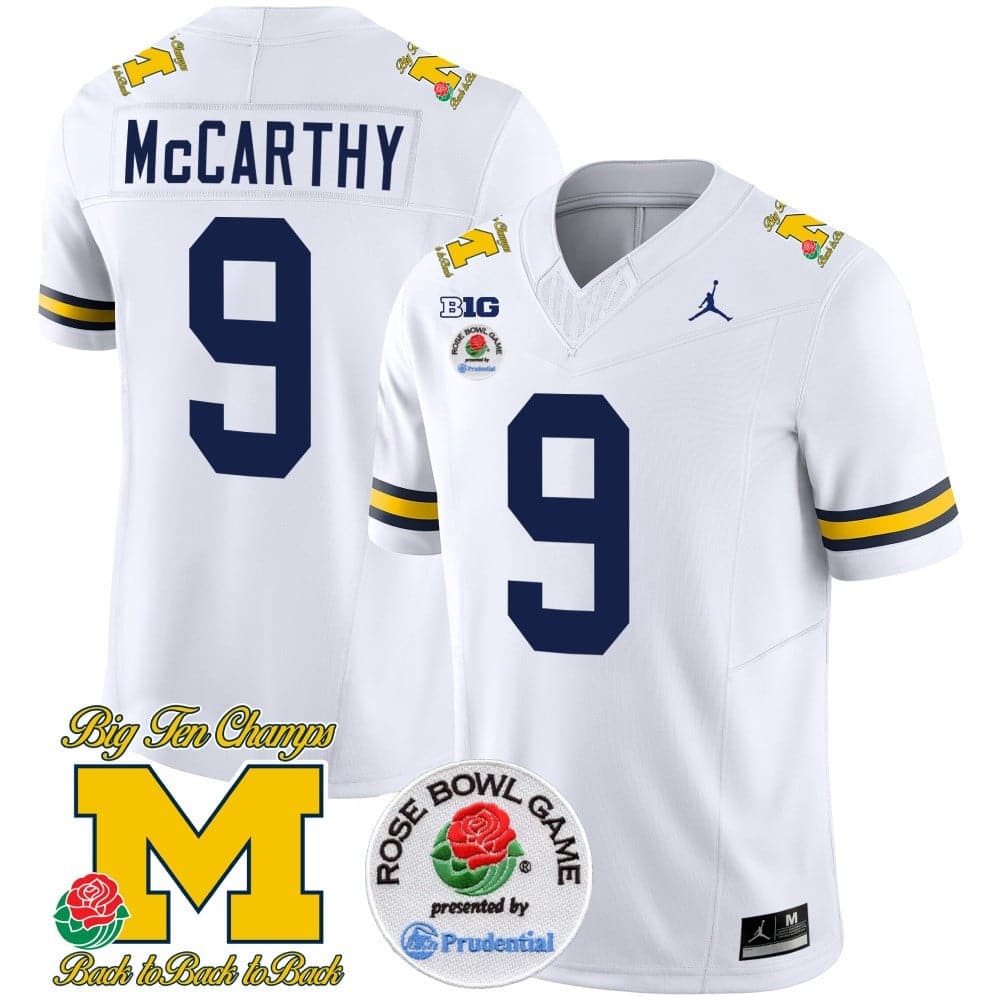 Michigan Wolverines Rose Bowl Patch Vapor Limited Football Jersey – All Stitched White #9 J J Mccarthy