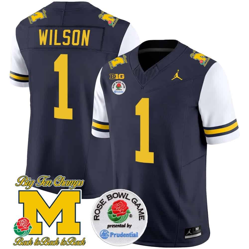 Michigan Wolverines Rose Bowl Patch Vapor Limited Football Jersey – All Stitched White Sleeves #1 Roman Wilson