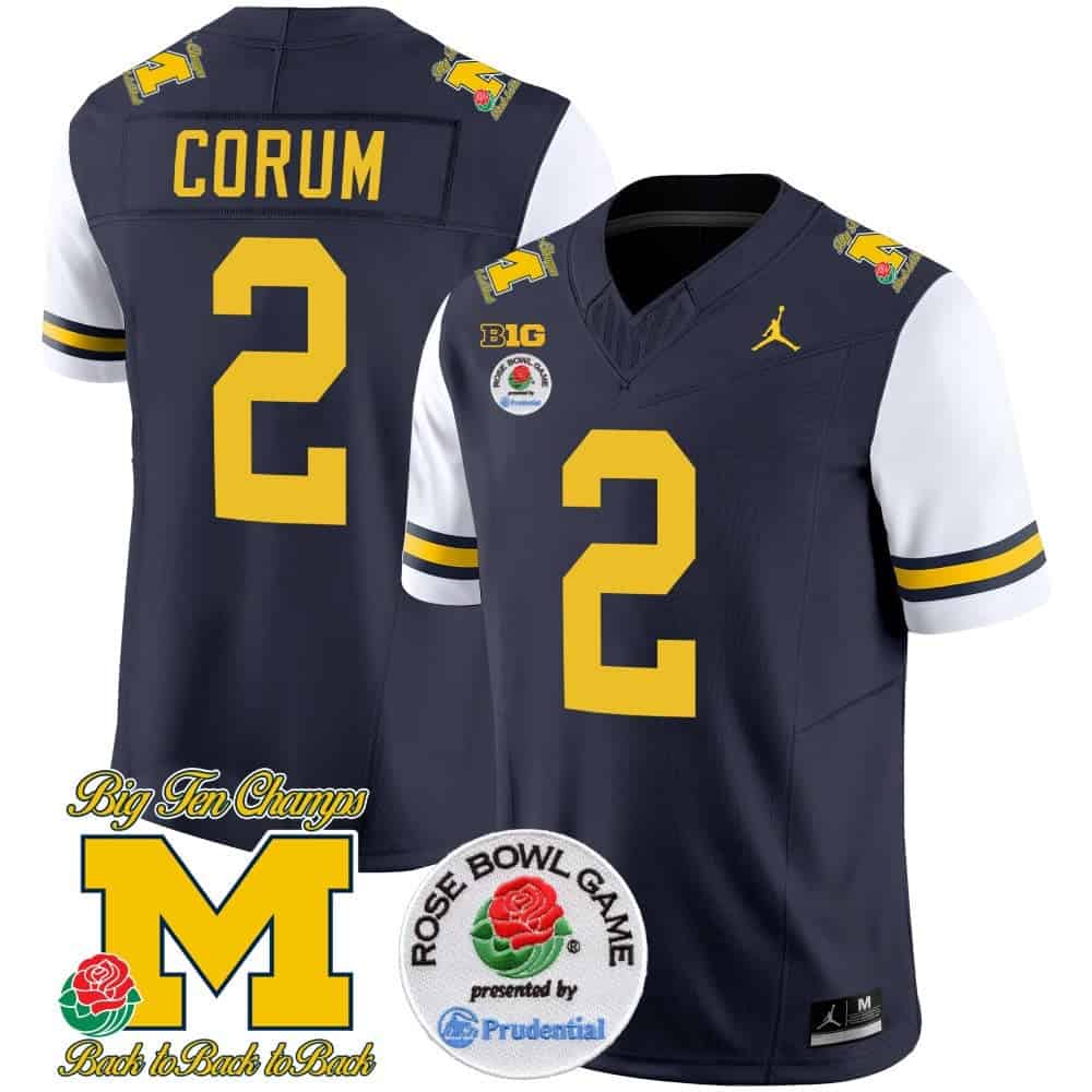 Michigan Wolverines Rose Bowl Patch Vapor Limited Football Jersey – All Stitched White Sleeves #2 Blake Corum
