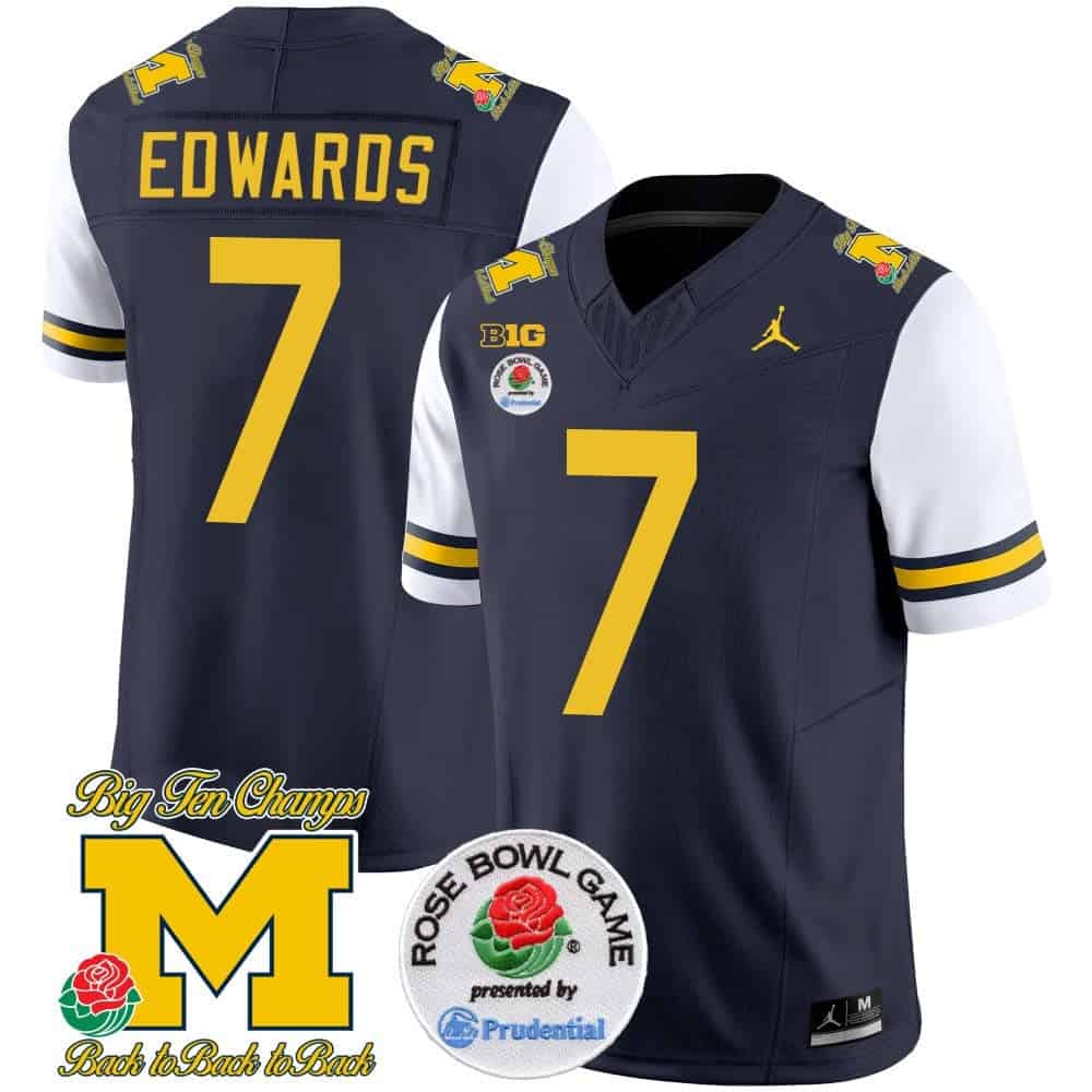 Michigan Wolverines Rose Bowl Patch Vapor Limited Football Jersey – All Stitched White Sleeves #7 Donovan Edwards