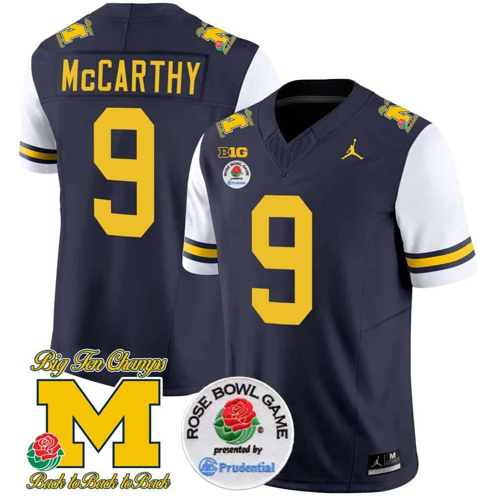 Michigan Wolverines Rose Bowl Patch Vapor Limited Football Jersey – All Stitched White Sleeves #9 J J Mccarthy