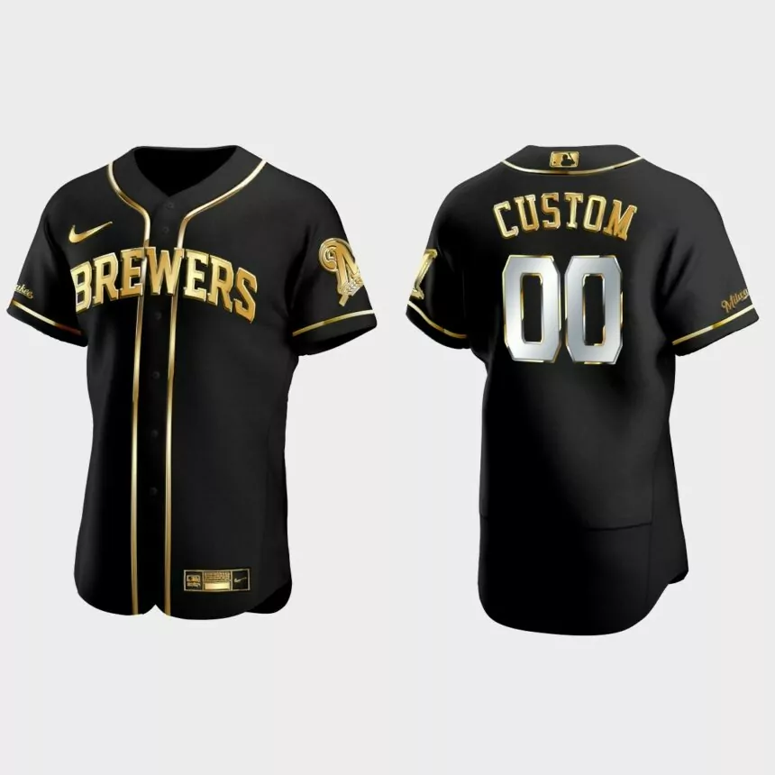 Milwaukee Brewers #00 Custom Gold Edition Authentic Jersey – Black