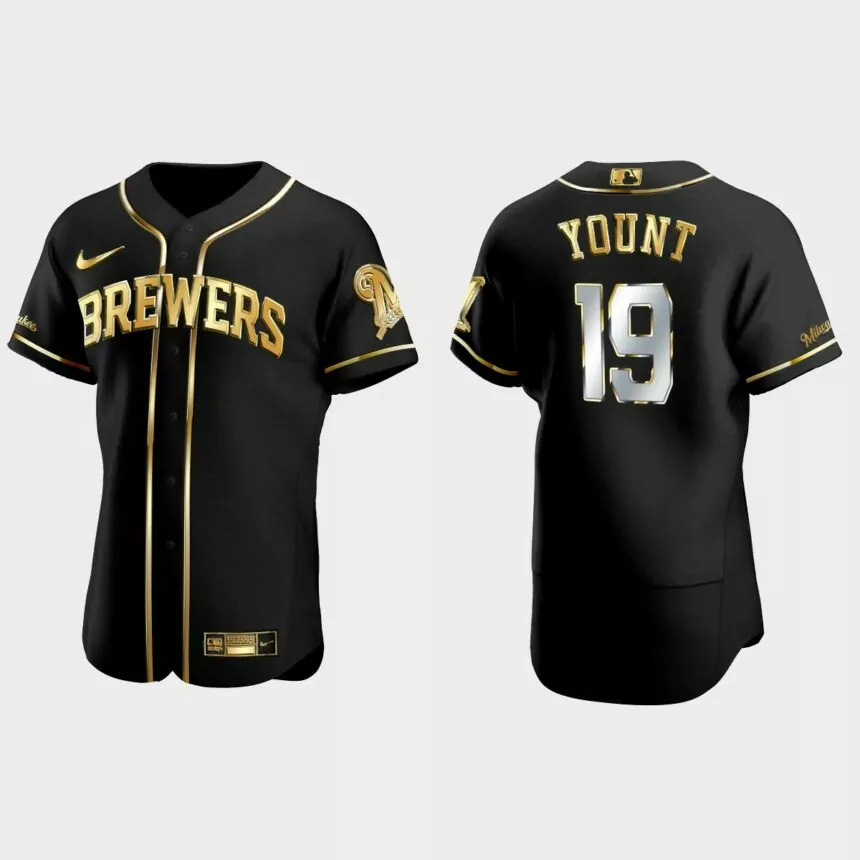 Milwaukee Brewers #19 Robin Yount Gold Edition Authentic Jersey – Black