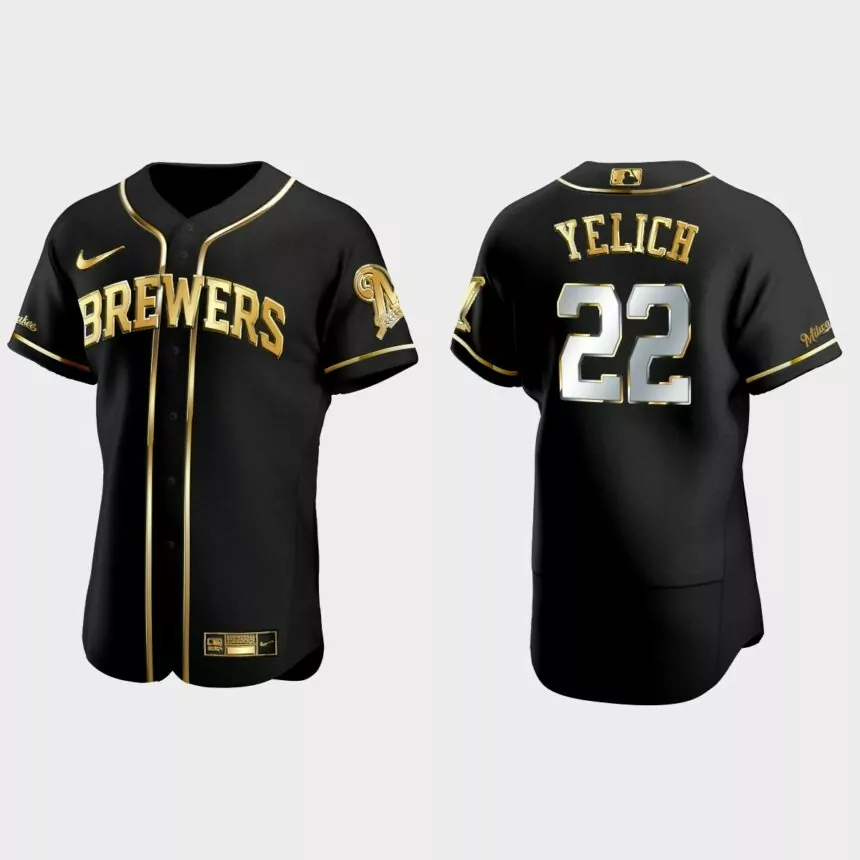 Milwaukee Brewers #22 Christian Yelich Gold Edition Authentic Jersey – Black