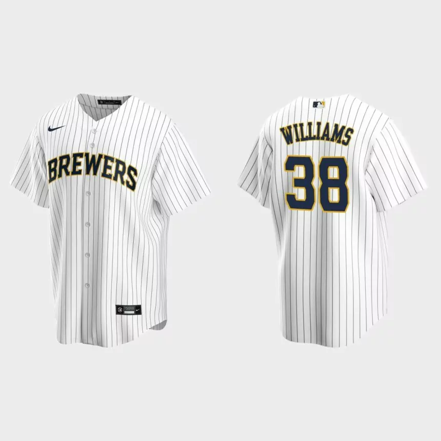 Milwaukee Brewers #38 Devin Williams Replica Alternate Jersey – White Navy