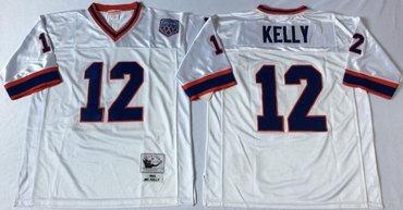 Mitchell And Ness Bills #12 Jim Kelly White Throwback Stitched NFL Jersey