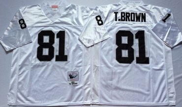 Mitchell And Ness Raiders #81  tim brown White Throwback Stitched NFL Jersey