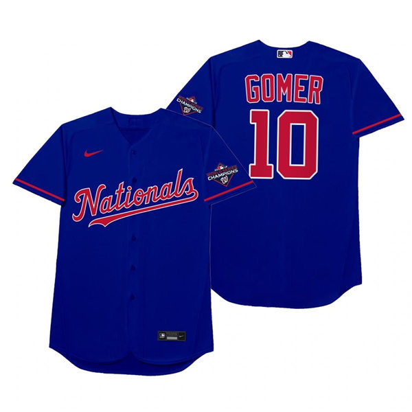 Mnes Washington Nationals #10 Yan Gomes Nike Royal 2021 Players' Weekend Nickname Gomer Jersey