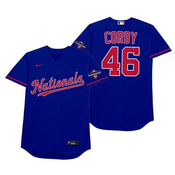 Mnes Washington Nationals #46 Patrick Corbin Nike Royal 2021 Players' Weekend Nickname Corby Jersey
