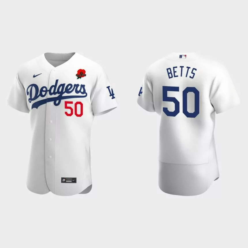 Mookie Betts Los Angeles Dodgers 2022 Memorial Day Poppy Patch Authentic Jersey – White