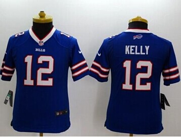 NEW Bills #12 Jim Kelly Royal Blue Team Color Youth Stitched NFL Limited Jersey
