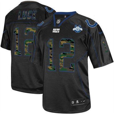 NEW Colts #12 Andrew Luck Black With 30TH Seasons Patch Men's Stitched NFL Elite Camo Fashion Jersey