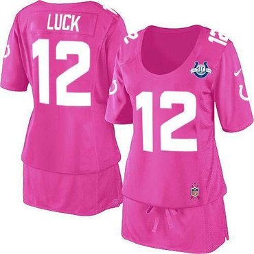 NEW Colts #12 Andrew Luck Pink With 30TH Seasons Patch Women's Breast Cancer Awareness Stitched NFL Elite Jersey