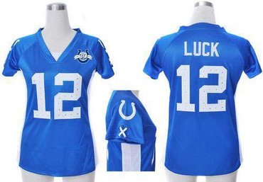 NEW Colts #12 Andrew Luck Royal Blue Team Color Draft Him Name & Number Top With 30TH Seasons Patch Women's Stitched NFL Elite Jersey