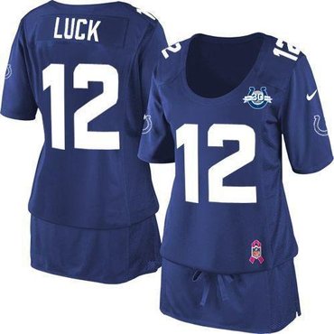 NEW Colts #12 Andrew Luck Royal Blue Team Color With 30TH Seasons Patch Women's Breast Cancer Awareness Stitched NFL Elite Jersey