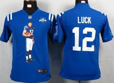 NEW Colts #12 Andrew Luck Royal Blue Team Color With 30TH Seasons Patch Youth Portrait Fashion NFL Game Jersey