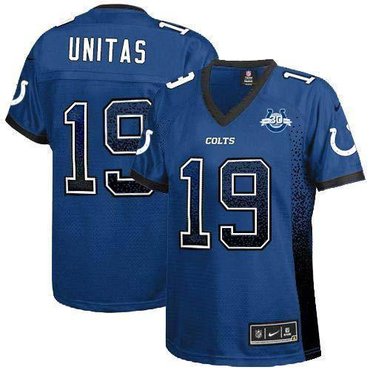 NEW Colts #19 Johnny Unitas Royal Blue Team Color With 30TH Seasons Patch Women's Stitched NFL Elite Drift Fashion Jersey