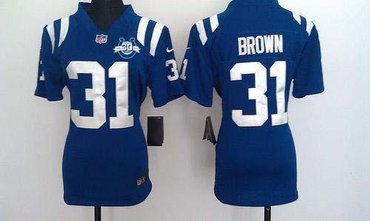 NEW Colts #31 Donald Brown Royal Blue Team Color With 30TH Seasons Patch Women's Stitched NFL Elite Jersey