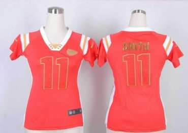 NEW Kansas City Chiefs 11 Alex Smith Women Draft Him Shimmer V-Neck T-Shirt - Red