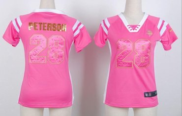 NEW Minnesota Vikings Adrian Peterson 28 Women Draft Him Shimmer V-Neck T-Shirt - Pink