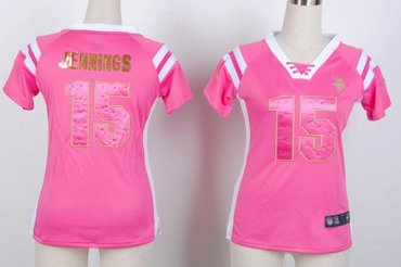 NEW Minnesota Vikings Jennings 15 Women Draft Him Shimmer V-Neck T-Shirt - Pink