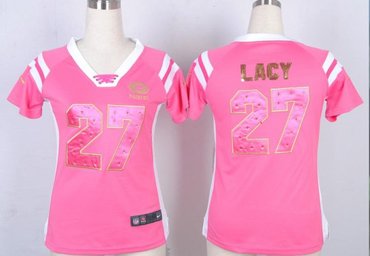 NEW New Green Bay Packers 27 Eddie Lacy Women Draft Him Shimmer V-Neck T-Shirt - Pink