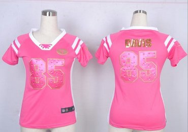 NEW New San Francisco 49ers 85 Vernon Davis Women Draft Him Shimmer V-Neck T-Shirt - Pink