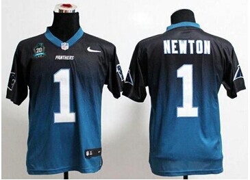 NEW Panthers #1 Cam Newton Black-Blue With 20TH Season Patch Stitched Fadeaway Fashion Jersey