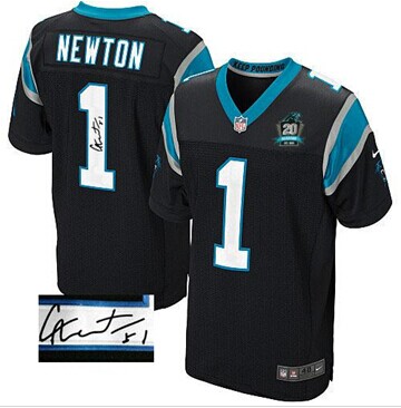 NEW Panthers #1 Cam Newton Black Team Color With 20TH Season Patch Stitched Autographed Jersey