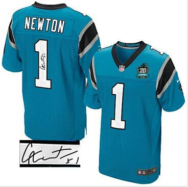 NEW Panthers #1 Cam Newton Blue Alternate With 20TH Season Patch Stitched Autographed Jersey
