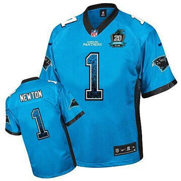 NEW Panthers #1 Cam Newton Blue Alternate With 20TH Season Patch Stitched Drift Fashion Jersey