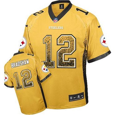 NEW Pittsburgh Steelers #12 Terry Bradshaw Gold Stitched NFL Elite Drift Fashion Jersey