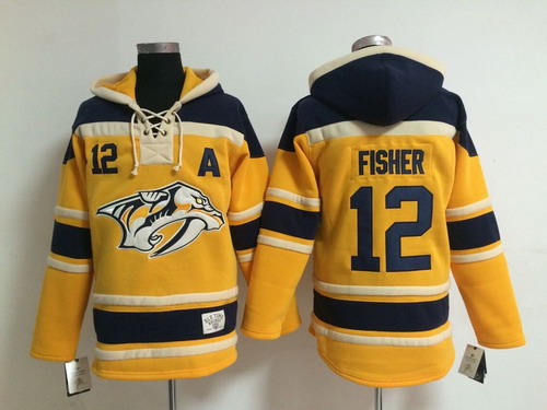 Nashville Predators #12 Mike Fisher Yellow Old Time Hockey Hoodie Stitched